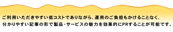 ご利用いただきやすい低コストでありながら、運用のご負担もかけることなく、分かりやすい記事の形で製品・サービスの魅力を効果的にPRすることが可能です。